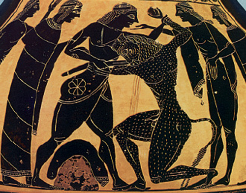 2. Ο Θησέας σκοτώνει το Μινώταυρο. Από αρχαίο ελληνικό αγγείο.
