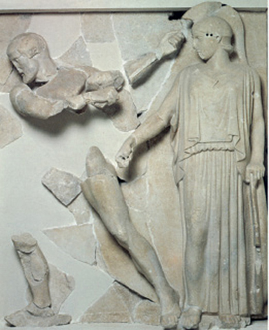 6. Ο Ηρακλής µε τη βοήθεια της Αθηνάς καθαρίζει τους στάβλους του Αυγεία. Γλυπτό από το ναό του ∆ία στην Ολυµπία.