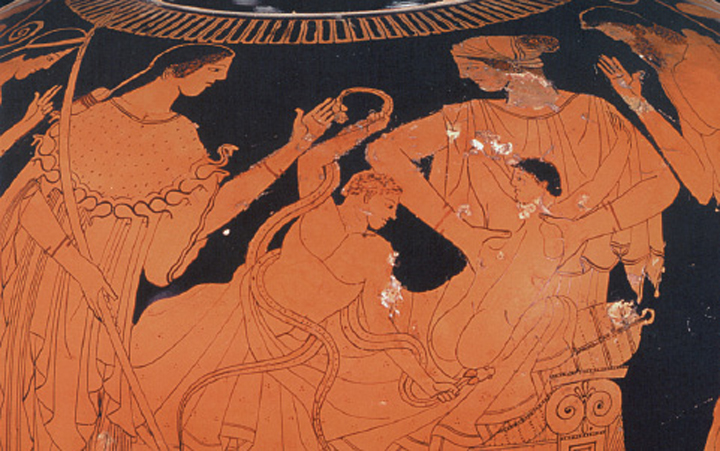 2. Ο Ηρακλής πνίγει τα φίδια. Τα πρόσωπα στην εικόνα είναι: η Αλκµήνη, η Αθηνά, ο Ηρακλής, ο Ιφικλής, η παραµάνα τους και ο Αµφιτρύωνας. Από αρχαίο ελληνικό αγγείο.