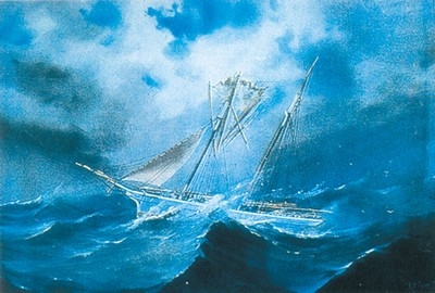Πλοίο σε τρικυμία (πίνακας του G. Esposito, Ναυτικό και Εθνολογικό Μουσείο Γαλαξιδίου).