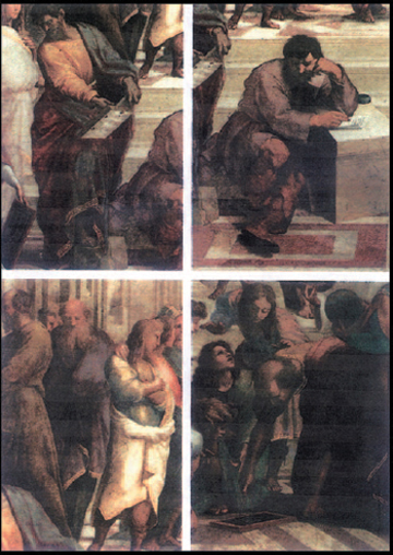 Η ΣΧΟΛΗ ΤΩΝ ΑΘΗΝΩΝ: η τοιχογραφία του Ραφαήλ στο Βατικανό είναι η εντυπωσιακή αναγεννησιακή απεικόνιση της αρχαίας ελληνικής φιλοσοφίας. Οι μορφές σε αυτές τις τέσσερις λεπτομέρειες είναι πιθανώς (δεξιόστροφα, από πάνω αριστερά) ο Παρμενίδης, ο Ηράκλειτος, ο Πυθαγόρας και ο Σωκράτης.