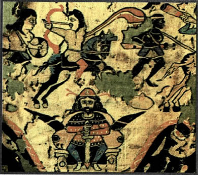 Πέρσης βασιλιάς παρακολουθεί διεξαγωγή μάχης. Παράσταση αιγυπτιακού τάπητα (Λυών, Ιστορικό Μουσείο Υφασμάτων).