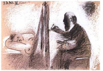 18. Πικάσο*, «Ο ζωγράφος και το μοντέλο του», 1950, κάρβουνο και κιμωλία σε χαρτί.