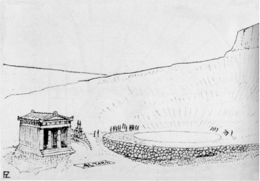 H εξέλιξη του σκηνικού οικοδομήματος (ανασύνθεση από τον E. Fiechter).  α. H αρχική κατασκευή: ναός του Διονύσου και ορχήστρα. β. Tο σκηνικό οικοδόμημα όπως υποτίθεται ότι ήταν την εποχή του Aισχύλου.