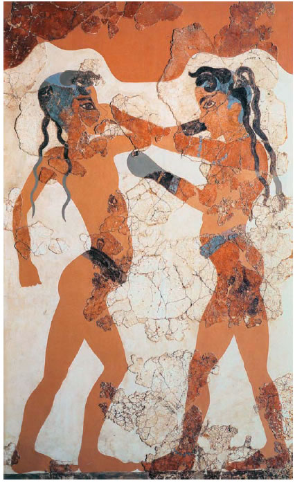 Νεαροί πυγμάχοι. Τοιχογραφία από τη Σαντορίνη. Γύρω στο 1550 πΧ. Αθήνα: Εθνικό αρχαιολογικό μουσείο.