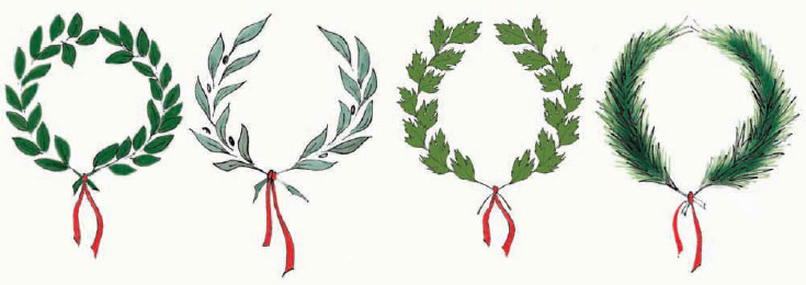 Στεφάνια από δάφνη. αγριελιά, αγριοσέληνο και πεύκο.