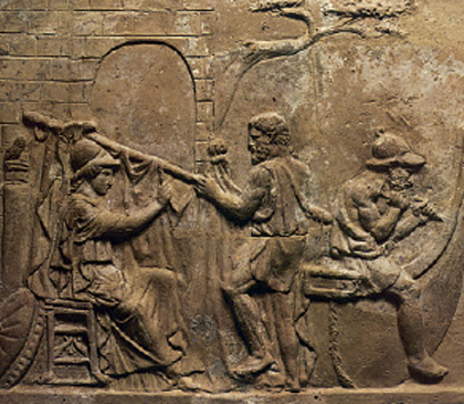 1. Η Αθηνά και ο Άργος(δεξιά) κατασκευάζουν την Αργώ. Αρχαίο ελληνικό ανάγλυφο.