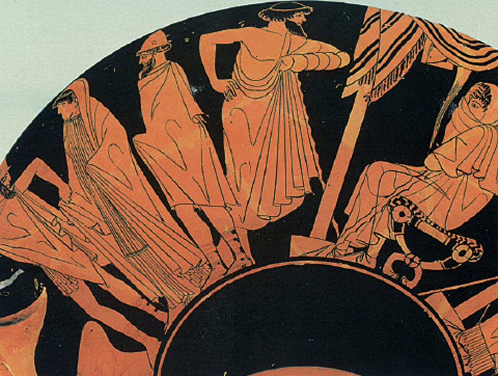 2. Η Βρισηίδα φεύγει α πό τη σκηνή του Αχιλλέα για να παραδοθεί στον Αγαµέµνονα. Η καθιστή µορφή δεξιά είναι ο Αχιλλέας. Από αρχαίο ελληνικό αγγείο.