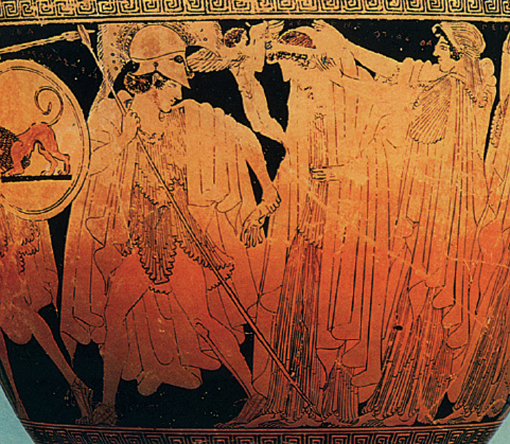 2. Η αρπαγή της Ελένης από τον Πάρη. Ανάµεσά τους ο φτερωτός θεός Έρωτας. Από αρχαίο ελληνικό αγγείο.