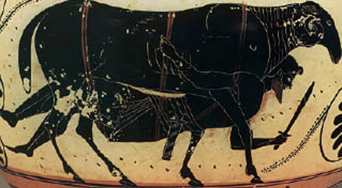 4. Ο Οδυσσέας ξεφεύγει από τη σπηλιά του Πολύφηµου, δεµένος κάτω από την κοιλιά του κριαριού. Από αρχαίο ελληνικό αγγείο.