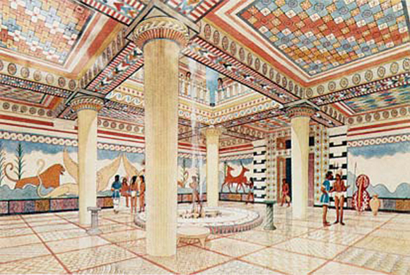 6. Αναπαράσταση του µεγάρου στο ανάκτορο της Πύλου. Στο κέντρο φαίνεται η εστία και στον αριστερό τοίχο µε τις πολύχρωµες τοιχογραφίες βρίσκεται ο βασιλικός θρόνος.