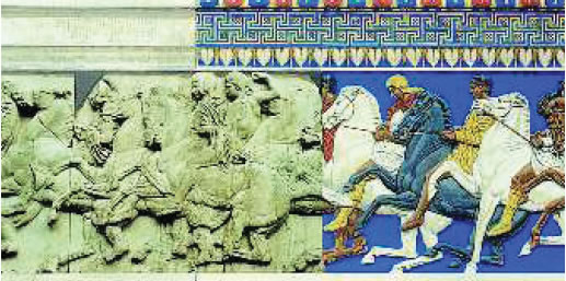 4. Τμήμα από ζωφόρο του Παρθενώνα που βρίσκεται στο Βρετανικό  Μουσείο. Η αναπαράσταση δείχνει ότι αρχικά τα μάρμαρα ήταν καλυμμένα με χρώμα.