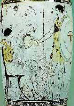 1. Σκηνή από λευκή λήκυθο που δείχνει Αθηναίο πολεµιστή που αποχαιρετά τη γυναίκα του (Αρχαιολογικό Μουσείο Αθηνών).