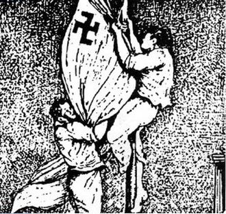 O Λάκης Σάντας και ο Mανόλης Γλέζος, 17χρονα παλικάρια τότε, αποφάσισαν στις 30 Mαΐου 1941 να κατεβάσουν από την Aκρόπολη τη γερμανική σημαία. (από το βιβλίο των: Γκώνιας Ν. – Ραπτοπούλου Σ., Το έπος του 1940, εκδ. Πατάκη, Αθήνα, 1995)