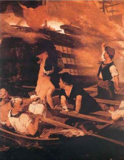 Η πυρπόληση της τουρκικής ναυαρχίδας από τον Κανάρη, Νίκος Λύτρας, Πινακοθήκη Αβέρωφ. Μίρκα Παλιούρα, Το Λεύκωμα του '21, Διεύθυνση έκδοσης – παραγωγής: ΙΔΡΥΜΑ ΤΥΠΟΥ Α.Ε, 1996