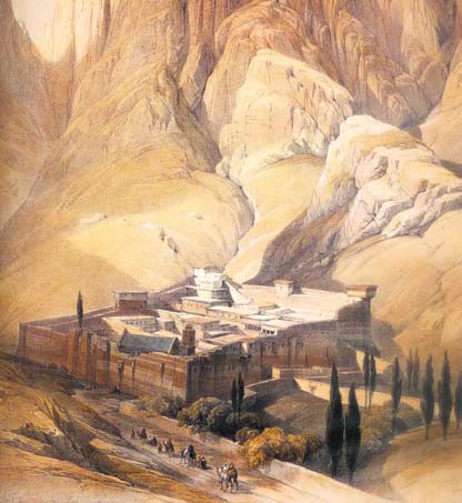 «ΤΤο μοναστήρι της Αγίας Αικατερίνης στο Σινά (γκραβούρα από το βιβλίο Οι άγιοι τόποι χτες και σήμερα, Εκδ. Καρακώστογλου).