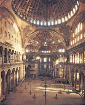 «Άποψη του μεσαίου κλίτους της Αγίας Σοφίας, με τον μεγαλοπρεπή τρούλο. Διακρίνονται τα 2 από τα 4 λοφία που τον συγκρατούν.