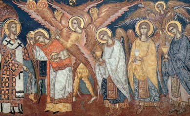 «Η λειτουργία των αγγέλων», με Αρχιερέα τον Χριστό. Παράσταση που συναντούμε κάτω από την Πλατυτέρα (τοιχογραφία από την Ι. Μ. Φιλανθρωπινών στο νησί της λίμνης των Ιωαννίνων).