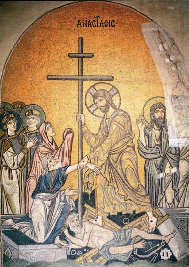 Η Ανάσταση (ψηφιδωτή παράσταση από την I. M. Δαφνίου, τέλη 11ου αι. μ.Χ).