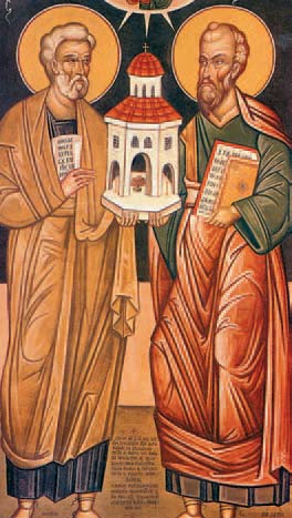 Οι Απόστολοι Πέτρος και Παύλος εικονίζονται μαζί, κρατώντας την Εκκλησία του Χριστού, που ίδρυσαν και στήριξαν με το έργο και τη ζωή τους (φορητή εικόνα Φ. Kόντογλου, Mονή Mεταμορφώσεως, Bοστώνη 1955).