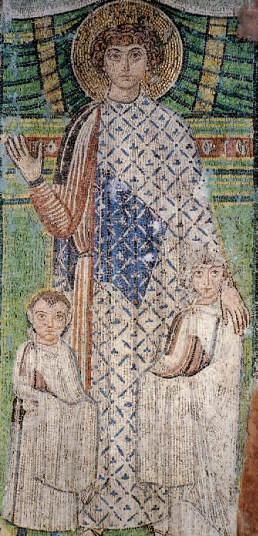 O Aγ. Δημήτριος προστατεύει τα παιδιά και παρακαλεί γι’ αυτά τον Θεό (ψηφιδωτό 7ου αι., Aγ. Δημήτριος, Θεσσαλονίκη).