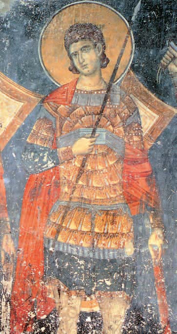 Ο Άγιος Νέστορας, με πίστη στο Θεό και με την ευλογία του Αγίου Δημητρίου, έριξε νεκρό το γιγαντόσωμο Λυαίο (Kαθολικό I. M. Παναγίας της Oλυμπιώτισσας, Eλασσόνα).