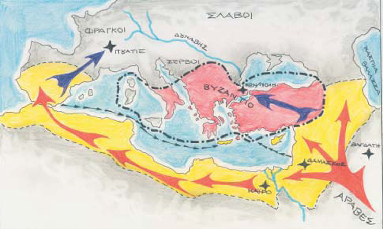 1. Χάρτης που απεικονίζει τις κινήσεις των Αράβων και τις περιοχές που αυτοί κατέλαβαν στην Ασία, την Αφρική και την Ευρώπη.