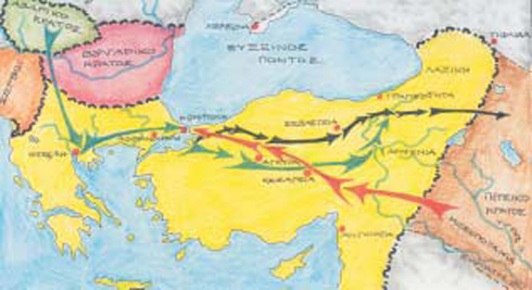 2. Χάρτης εκστρατείας του Ηράκλειου και των κινήσεων των εχθρών. Με πράσινο χρώμα εμφανίζονται οι κινήσεις των Αβάρων, με κόκκινο των Περσών και με μαύρο του Ηρακλείου.