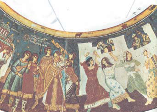 1. Ο αυτοκράτορας Μιχαήλ Γ’ ανάμεσα σε δασκάλους και φοιτητές του Πανεπιστημίου (Μικρογραφία, Ρώμη, Βατικανή Βιβλιοθήκη).