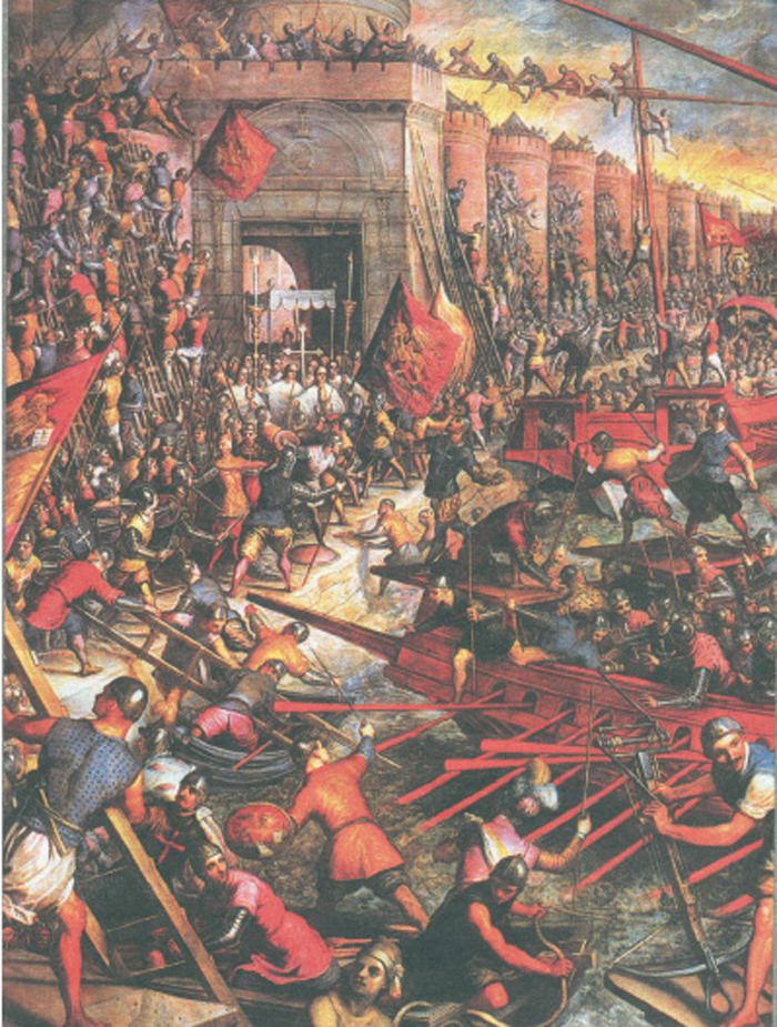 Η άλωση της Κωνσταντινούπολης από τους σταυροφόρους (1204 μ.Χ.) (Τοιχογραφία από την αίθουσα του Μεγάλου Συμβουλίου, στο Ανάκτορο των Δόγηδων, Βενετία)