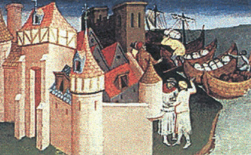 3. Βενετοί έμποροι στο λιμάνι του Γαλατά (Μικρογραφία χειρογράφου, Εθνική Βιβλιοθήκη, Παρίσι)