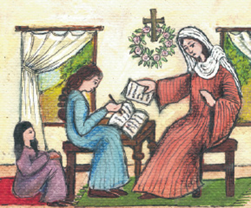 2. Μητέρα μαθαίνει ανάγνωση και γραφή στην κόρη της.