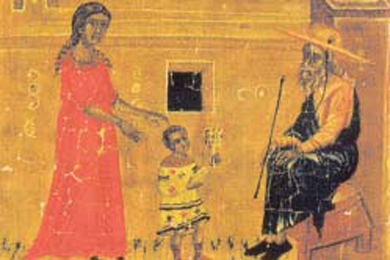 6. Μητέρα συνοδεύει το παιδί της στο σχολείο. (Από φορητή εικόνα του Αγ. Νικολάου, Ι.Μ. Πάτμου)