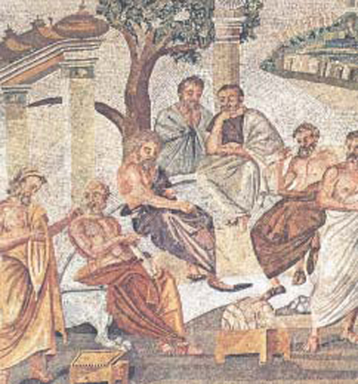 4α. Σκηνή από τη φιλοσοφική σχολή
των Αθηνών
(ψηφιδωτό από την Πομπηία,
1ος αιώνας μ.Χ., Εθνικό Μουσείο Νεάπολης)