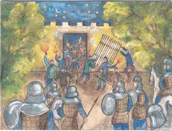 1. Οι στασιαστές, Πράσινοι και Βένετοι, έσπασαν τις πύλες του ιπποδρόμου και ξεχύθηκαν στους δρόμους της Πόλης κραυγάζοντας: «νίκα-νίκα».