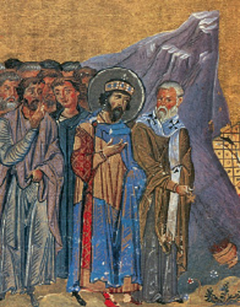 1. Ο αυτοκράτορας Μιχαήλ Γ’ ανάμεσα σε δασκάλους και φοιτητές του Πανεπιστημίου (Μικρογραφία, Ρώμη, Βατικανή Βιβλιοθήκη).