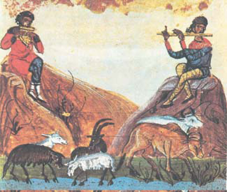 4. Κτηνοτρόφοι βόσκουν το κοπάδι τους (βυζαντινή μικρογραφία)