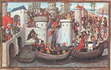 2. Η άλωση της Κωνσταντινούπολης από τους σταυροφόρους (Μικρογραφία χειρογράφου, Παρίσι, Βιβλιοθήκη Αρσενάλ, 15ος αι.)