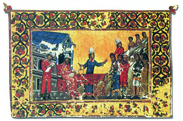 4.α. Βυζαντινός φορολόγος εισπράττει χρήματα από τους οφειλέτες. (Μικρογραφία από βυζαντινό χειρόγραφο, Ι. Μ. Αγ. Αικατερίνης, Σινά)