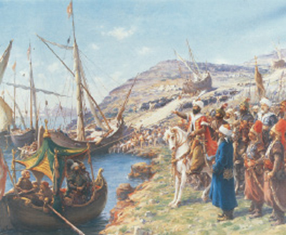 1. Ο Μωάμεθ παρακολουθεί το πέρασμα
των καραβιών στον Κεράτιο από τη στεριά.
(Πίνακας του Φαούστο Ζονάρο, Κωνσταντινούπολη,
Παλάτι Ντολμαμπαχτσέ, 1908).