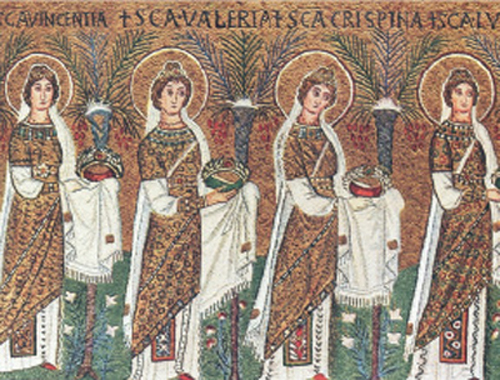 1. Γυναίκες σε θρησκευτική πομπή την εποχή του Ιουστινιανού (ψηφιδωτή τοιχογραφία, Άγιος Απολλινάριος, Ραβέννα).