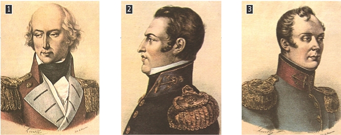 Ο ναύαρχος Εδουάρδος Κόδριγκτον (αριστερά) και οι αντιναύαρχοι Ερρίκος Δεριγνύ (μέση) και Λογγίνος Χέυδεν (δεξιά) αρχηγοί της αγγλικής, γαλλικής και ρωσικής ναυτικής μοίρας, αντίστοιχα, κατά τη διάρκεια της Ναυμαχίας του Ναυαρίνου