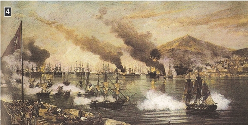 Η ναυμαχία του Ναυαρίνου, ελαιογραφία του Κωνσταντίνου Βολανάκη, Ναυτικό Μουσείο Ελλάδας