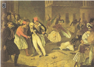 Η δολοφονία του Καποδίστρια, έργο αγνώστου ζωγράφου, Αθήνα, Μουσείο Μπενάκη