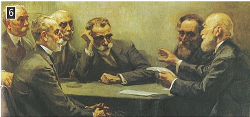 Πίνακας του Γ. Ροϊλού, «οι Ποιηταί». Εικονίζονται από τα αρστερά προς τα δεξιά οι Γ. Στρατήγης, Γ. Δροσίνης, Ι. Πολέμης, Κ. Παλαμάς, Γ. Σουρής και ο Αριστομένης Προβελέγγιος, Αθήνα, συλλογή Φιλολογικού Συλλόγου «ο Παρνασσός»