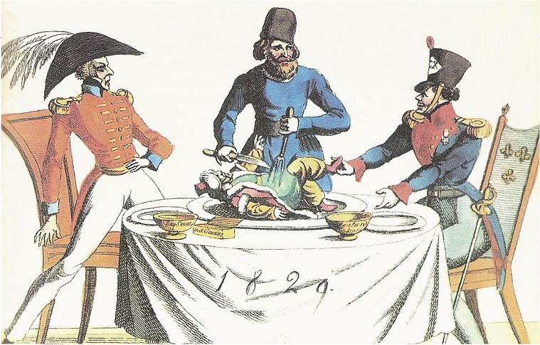 Γελοιογραφία που απεικονίζει τις Μεγάλες Δυνάμεις της εποχής να «κατασπαράζουν» την Οθωμανική Αυτοκρατορία