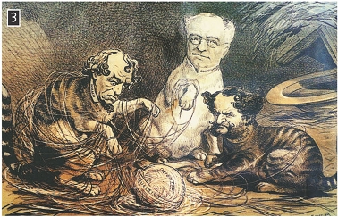 Οι τρεις Μεγάλες Δυνάμεις της εποχής, Αγγλία, Αυστροουγγαρία και Ρωσία, παρομοιάζονται με γάτες που έχουν μπλεχθεί στο κουβάρι που φέρει την ένδειξη Ανατολικό Ζήτημα, Puck, Νέα Υόρκη, 1878