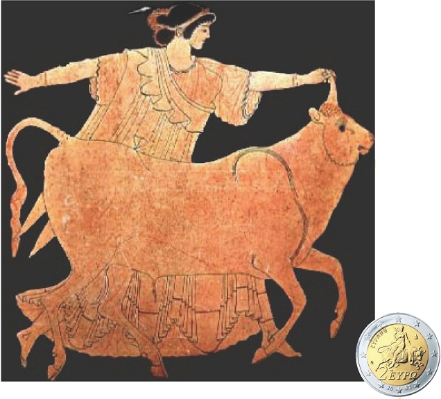 Η αρπαγή της Ευρώπης, μυθολογική αναπαράσταση. Η σύνδεση της ελληνικής αρχαιότητας και των αξιών της με την Ευρώπη και την ευρωπαϊκή οικογένεια απασχόλησε έντονα την Ελλάδα του 20ού αιώνα