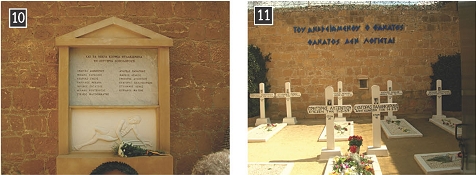 Τα «Φυλακισμένα Μνήματα». Έτσι αποκαλείται το κοιμητήριο που βρίσκεται στις Κεντρικές Φυλακές Λευκωσιας. Εκεί οι Βρετανοί έθαβαν τους απαγχονισμένους αγωνιστές της Ε.Ο.Κ.Α., συνολικά 13 άτομα, από τα οποία εννέα εκτελέστηκαν με απαγχονισμό στις φυλακές, τρία έπεσαν στο πεδίο της μάχης και ένα πέθανε σε στρατιωτικό νοσοκομείο, μετά τον τραυματισμό του σε μάχη. Οι εννέα απαγχονισθέντες, όλοι τους νέοι ηλικία 19-24 ετών, είναι με τη σειρά που εκτελέστηκαν: Μιχαλάκης Καραολής, Ανδρέας Δημητρίου, Ιάκωβος Πατάτσος, Στέλιος Μαυρομάτης, ΧαρίλαοςΜιχαήλ, Μιχαήλ Κουτσόφτας, Ανδρέας Ζάκος, Ανδρέας Παναγίδης, Ευαγόρας Παλληκαρίδης. Επίσης, στα «Φυλακισμένα Μνήματα» αναπαύονται ακόμη τέσσερις αγωνιστές της Ε.Ο.Κ.Α., οι: Μάρκος Δράκος, Γρηγόρης Αυξεντίου, Στυλιανός Λένας και Κυριάκος Μάτσης.