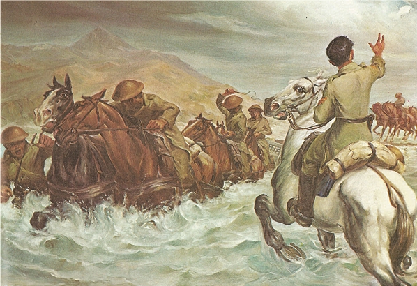 Ελαιογραφία του Αλέξ. Αλεξανδράκη με τον τίτλο «Πυροβολικό στο ποτάμι», Αθήνα, συλλογήοικογένειας Αλεξανδράκη